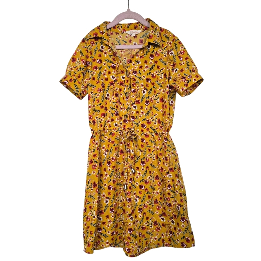 Blush Girls Yellow Red Floral Waist Tie Short Sleeves Dress L (10)